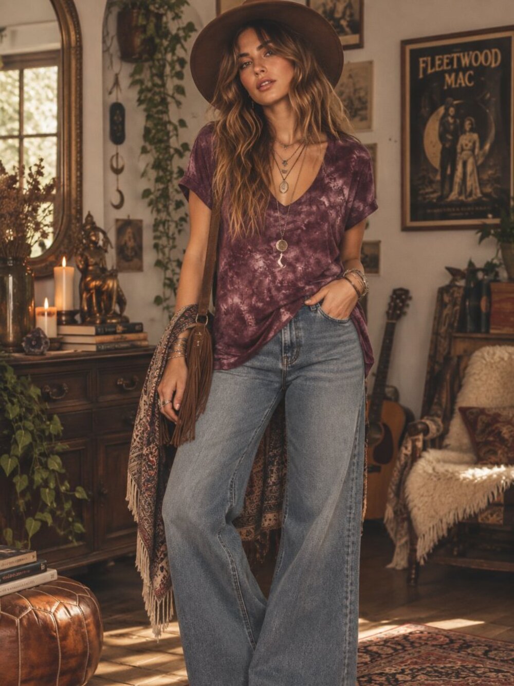 American Eagle Burgundy Tie Dye V-Neck T-Shirt